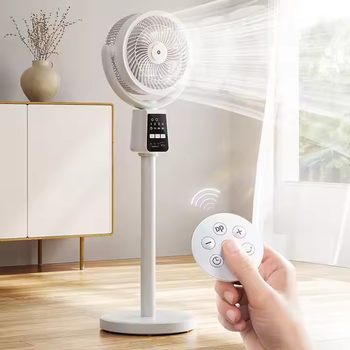 New Function Wholesale Rechargeable Standing Fan Pedestal Fan Air Circulation Built-in LED Light 6 Inch Remote with Output
