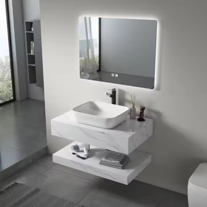 Modern Design Stone Wall-Mounted Vanity Top Floating Marble Bathroom Sink with LED Mirror Cabinet for Home or Hotel Use