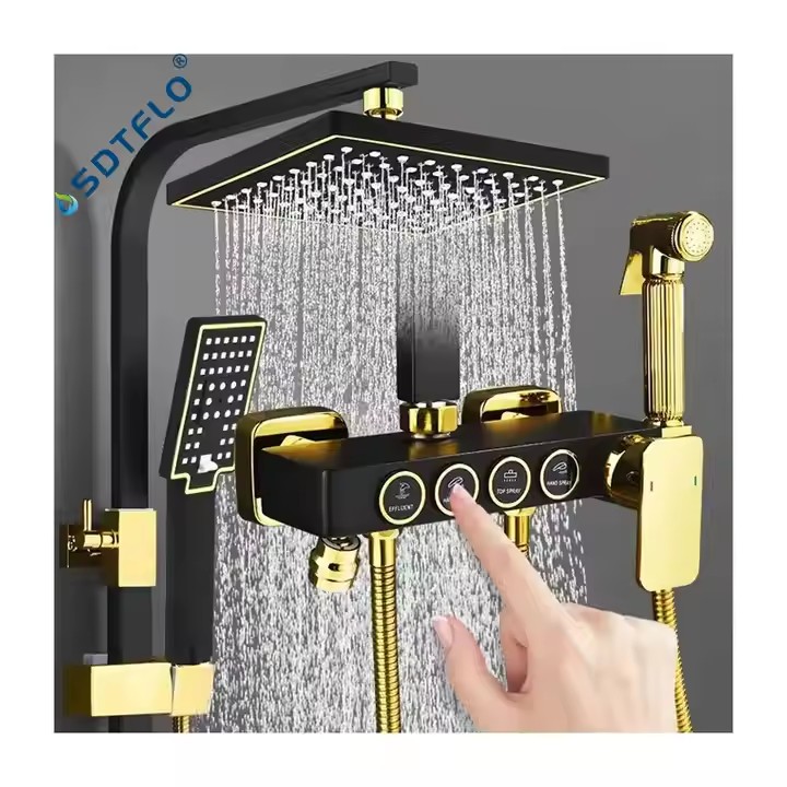 Square Bathroom Shower System Senducs Black Gold Bath Mixer Faucet Hot & Cold Bathroom Faucet Thermostatic Shower Set