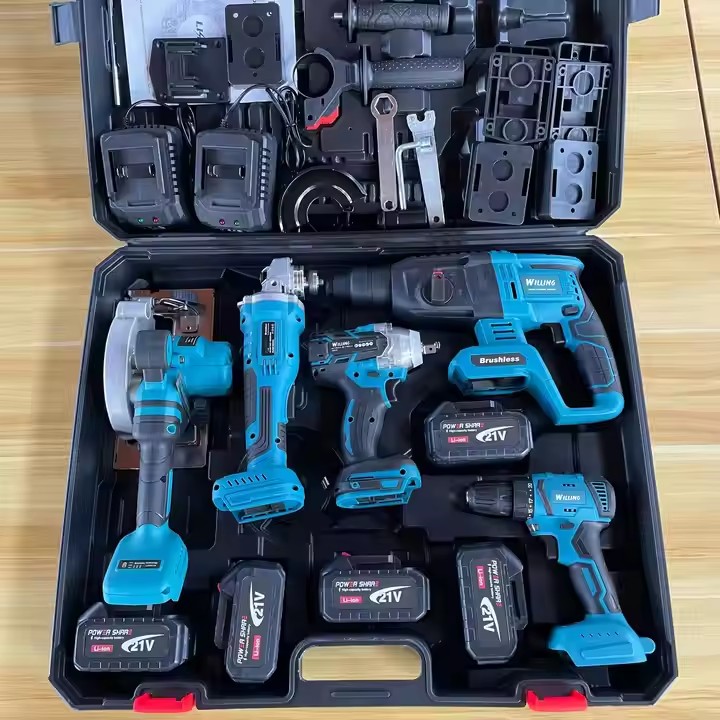 Willing Tools Set of 16 Pcs Power Tools Kits Rechargeable Lithium Brushless Electric Angle Grinder Cordless Wrench Toolbox Tool