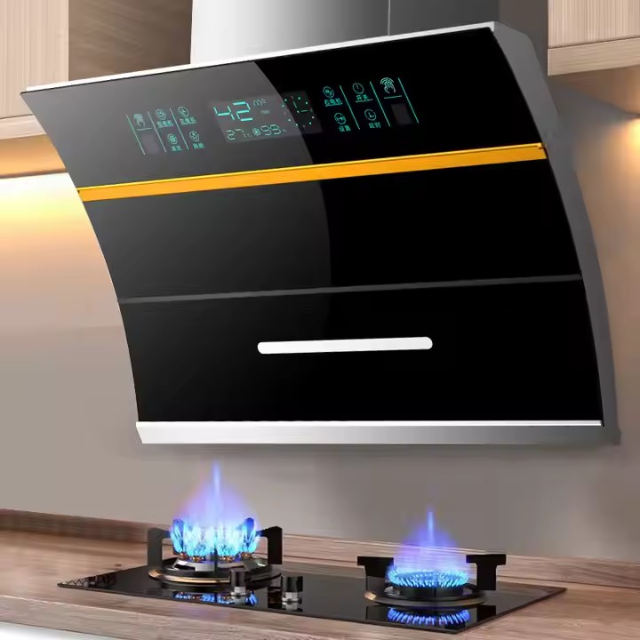 AI Voice Control LED Vented Copper Motor Glass Range Hood 90 cm Wall-Mounted Dual Motors Smart Home Kitchen Ventilation Strong