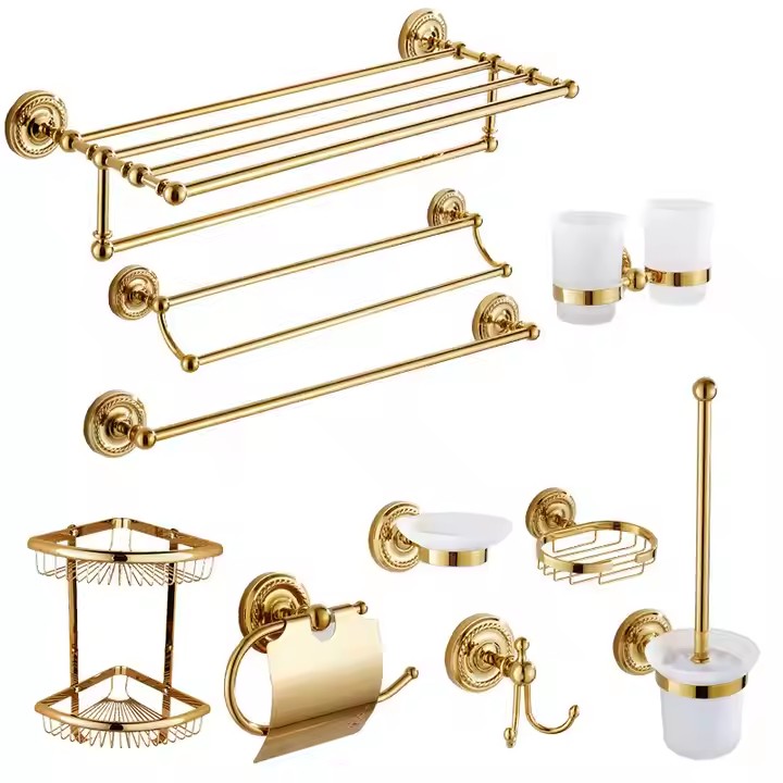 Luxury Wholesale New Style Gold Adhesive Corner Storage Shelf Bathroom Accessories Toilet Brush Holder Towel Rack